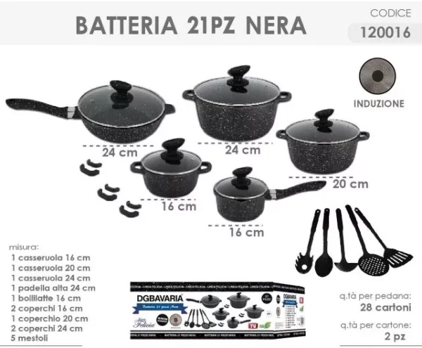 Batteria Pentole Induzione 21 PZ Casseruole Coperchi Mestoli Bollilatte Padella.