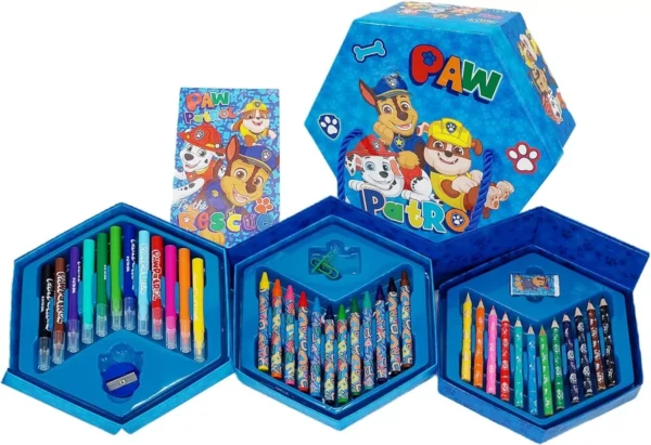 Paw Patrol Set 42 pz 12 pastelli a cera, 12 pastelli colorati, una gomma, un temperamatite,  3 clip, un taccuino e una valigetta