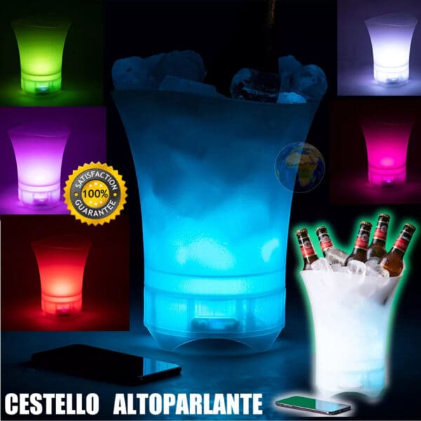 SECCHIELLO GHIACCIO CHAMPAGNE LED BLUETOOTH PER PARTY PORTATILE CAMBIA COLORE
