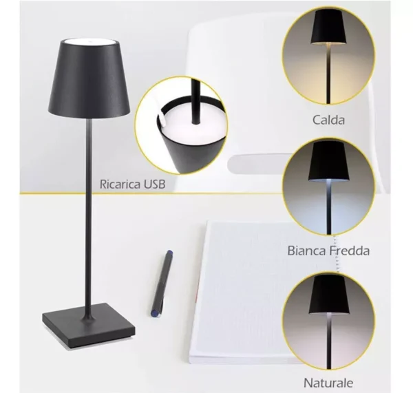 LAMPADA DA TAVOLO LED RICARICABILE SIMILE POLDINA TOUCH DIMMER NERA