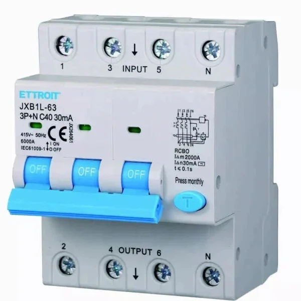 ETTROIT Interruttore Magnetotermico Differenziale 3P+N 50A 6KA 30mA 380VJX264061