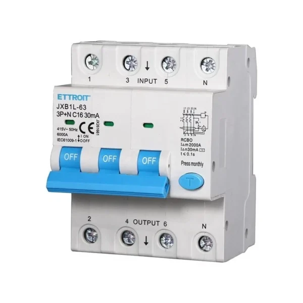 ETTROIT Interruttore Magnetotermico Differenziale 3P+N 16A 6KA30mA 380V JX261661