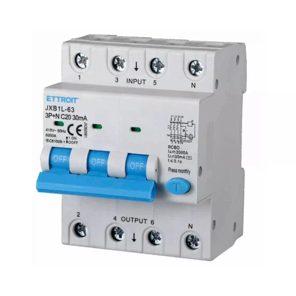 ETTROIT Interruttore Magnetotermico Differenziale 3P+N 20A 6KA 30mA 380VJX262061