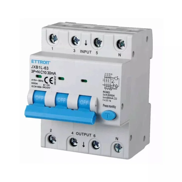 ETTROIT Interruttore Magnetotermico Differenziale 3P+N 10A 6KA 30mA380VJX261061