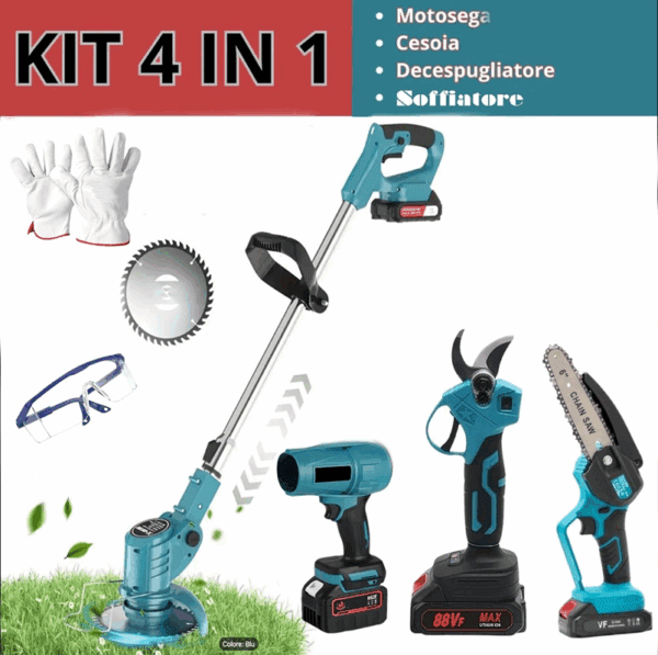 Kit Giardinaggio 4 in 1  Motosega Elettrica 6" + Cesoia + Tagliarba + Soffiatore