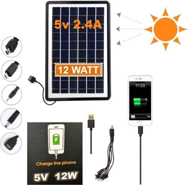 Pannello Solare USB 5V 12W Mini Caricabatteria Solare Portatile per Cellulare Power Bank Telecamera Esterna, Pannello Fotovoltaico da Zaino Campeggio Trekking Pannello Fotovoltaico
