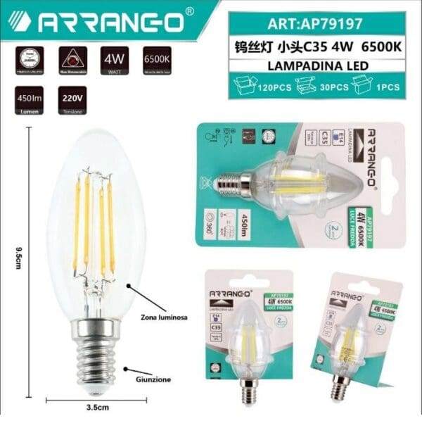 Lampadina LED Filamento C35 4W E14 6500K Luce Fredda 450lm ARRANGO