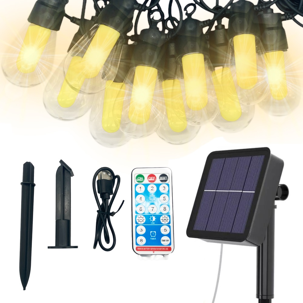 Catena Luminosa 10 Lampadine 10m con Pann. Solare Ricaricabile Luce Calda