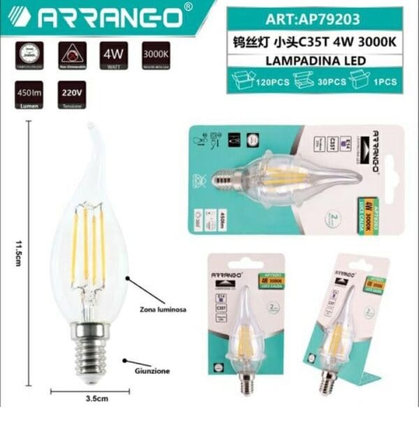 Lampadina LED Candela E14 4W 3000K – Arrango – Forma C35T – Luce Calda 450lm