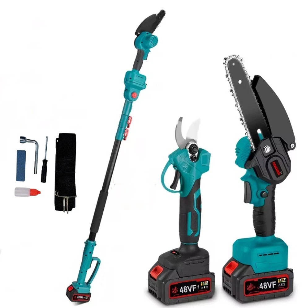 Kit Potatura Cesoia e Mini Motosega 2 Batterie 48V con Asta Telescopica a Snodo