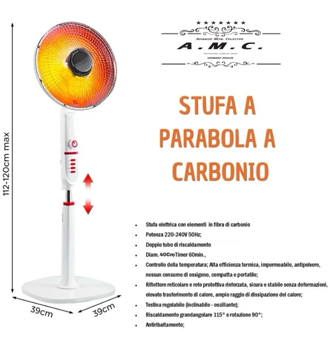 STUFA A PIANTANA CARBONIO 1000W BIANCO OSCILLANTE 2 LIVELLI GIRA PAVIMENTO