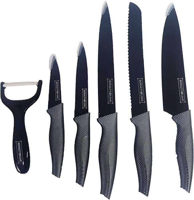 royal Line Set Coltelli 5 pz. in acciaio rivestiti manico carbonio e pelapatate in omaggio